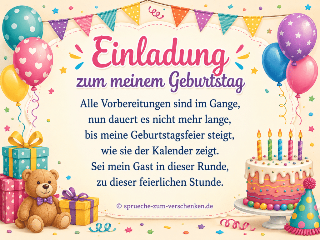 Bunte Einladung zum Kindergeburtstag mit Luftballons, Geschenken, Teddybär und Geburtstagstorte