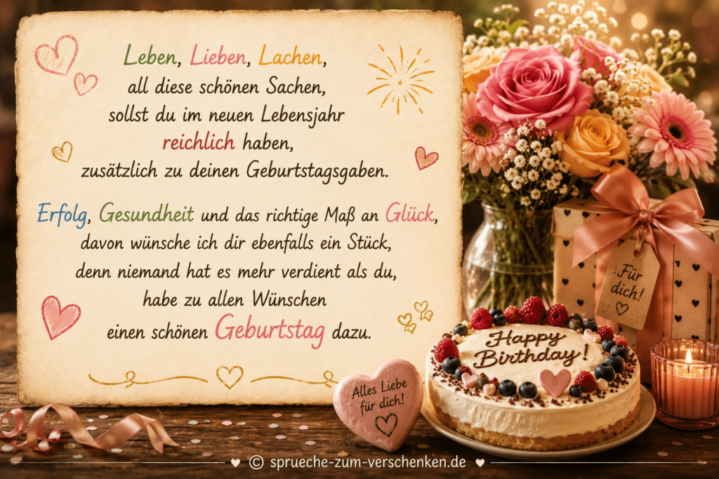 Geburtstagswünsche mit Gedicht, Blumen, Geburtstagstorte und Geschenk