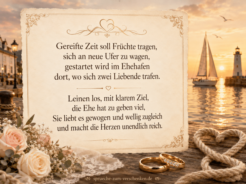 Poetischer Hochzeitsspruch mit Eheringen, Rosen, Segelboot und Leuchtturm im Sonnenuntergang