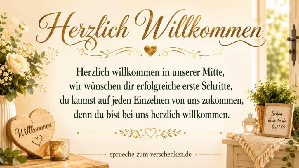 Gestaltete Spruchgrafik zum Thema „Willkommenssprüche: herzliche Willkommensgrüße zum Kopieren“