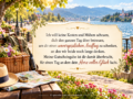 Ausflug Gutschein Spruch vor einer sonnigen Seepromenade mit Picknickkorb, Rucksack, Strohhut, Landkarte und Blumen. Die Webgrafik zeigt einen liebevollen Gutscheintext für einen unvergesslichen Ausflug und das Copyright sprueche-zum-verschenken.de.