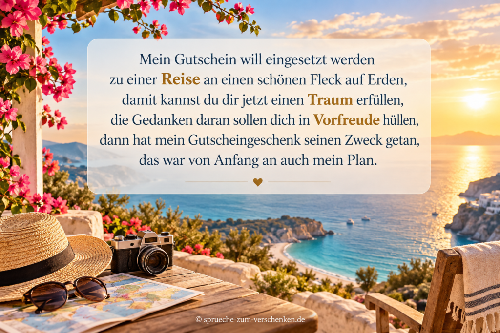 Reisegutschein Spruch mit einer traumhaften Urlaubskulisse am Meer bei Sonnenuntergang. Die Grafik zeigt einen gereimten Gutscheintext für eine Reise, ergänzt durch Kamera, Sonnenhut und Karte als Symbole für Urlaub, Fernweh und Vorfreude.